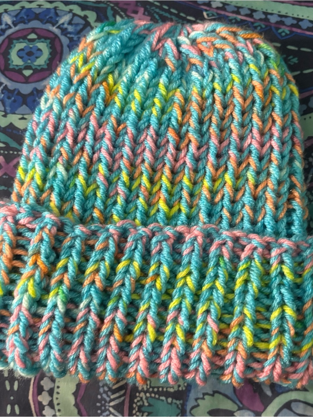 Multicolor Knit Beanie Hat - Turquoise, Pink, orange & Yellow